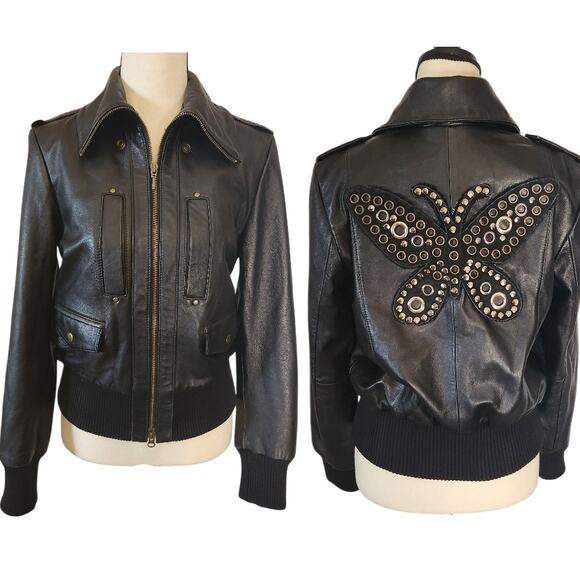 INC Black Leather Studded Butterfly Appliqued Bomber Moto Jacket Women Small P - Picture 1 of 14
